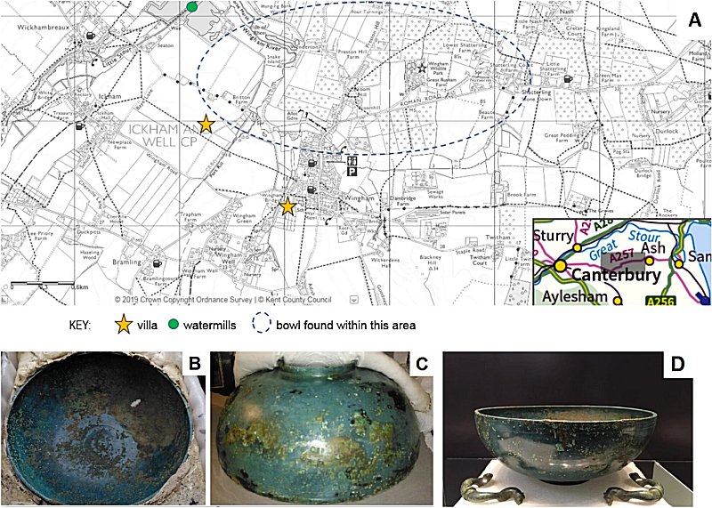 The recent history of the Roman Bowl–(A) the area where the bowl was found in relation to other Roman sites, exact findspot cannot be shown to protect the site (B) the interior and (C) exterior of the bowl during conservation and (D) the bowl on display at Sandwich Museum. Credit: Scientific Reports (2022). DOI: 10.1038/s41598-022-17902-9