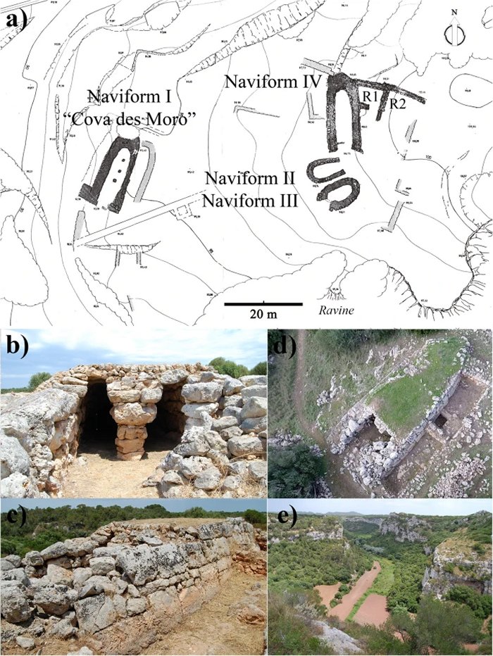 Son Mercer de Baix and its landscape: a SMB naviforms and associated structures distribution (modified from Plantalamor and Rita 1983). b, d, and e Different views of the “Cova del Moro” Naviform in SMB. c General view of fhe Fideu’s ravine where SMB is located