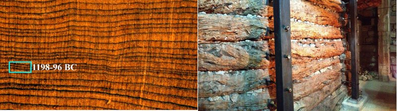 The growth rings inside a juniper tree, combined with isotope records, helped researchers pinpoint a likely culprit for the collapse of the Hittite Empire: three straight years of severe drought, approximately 1198–96 BC, in an already dry period. Right: A wooden structure inside the Midas Mound Tumulus contains a hidden paleoclimatic record of the region. Image source: John Marston