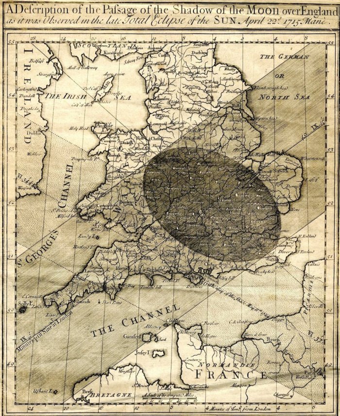 The path of the eclipse as described by Halley in 1715. Credit: University of Cambridge, Institute of Astronomy Library