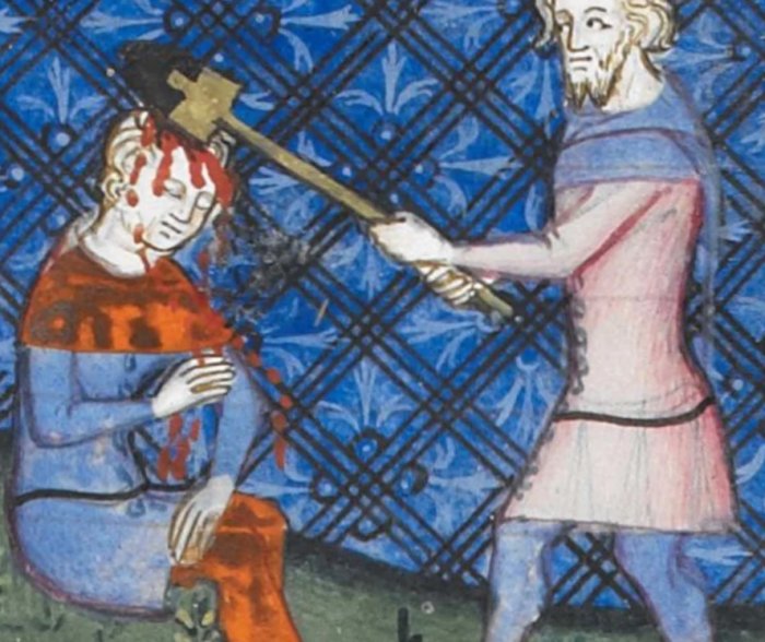 Cain killing Abel, Guyard des Moulins, Bible historiale, c 1350-1356, British Library, Royal MS 19 D II, f 10v.