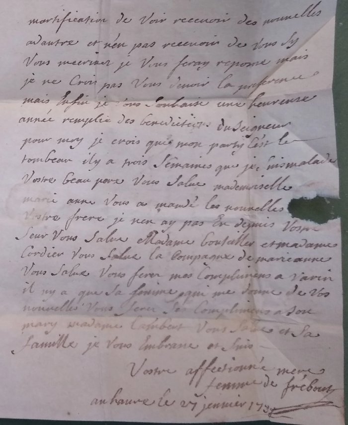 lovelettersfrenh13.jpg The final page of Marguerite's 27th January 1758 letter to her son Nicolas Quesnel, in which she says "I think I am for the tomb."