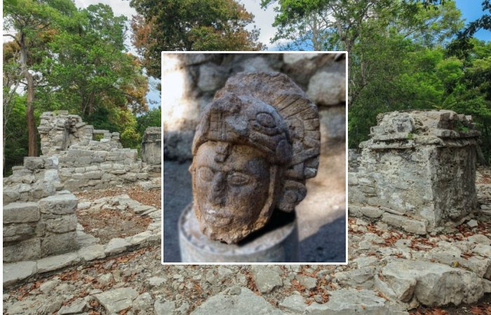 Sculpted Head Of Ancient Warrior Wearing A Serpent Helmet Found At Chichen Itza