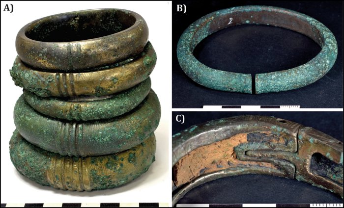 Main types of bracelets (photographs by M. Nordez): A) Prat type, with variation in the number of terminal bulges; B) unique open bracelet from the hoards; C) cast residues trapped in the internal side of a locking system.